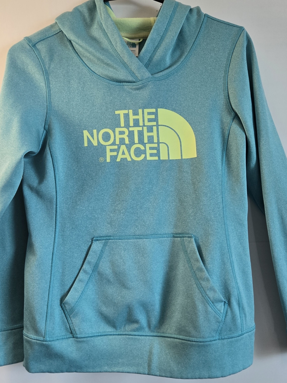 The North Face Teal Hoodie with Yellow Logo